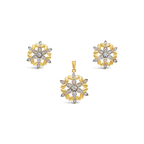 Nuqrah - Zircon Floral Set Handcrafted Silver Jewelery With  Silver and Golden Polish