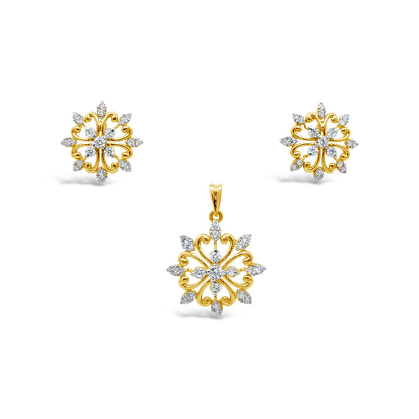 Nuqrah - Zircon Floral Set Handcrafted Silver Jewelery With  Golden Polish