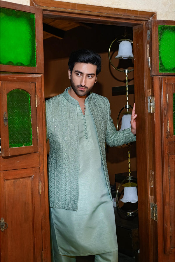 HK Fashion - Mint Green Embroidered Prince Coat