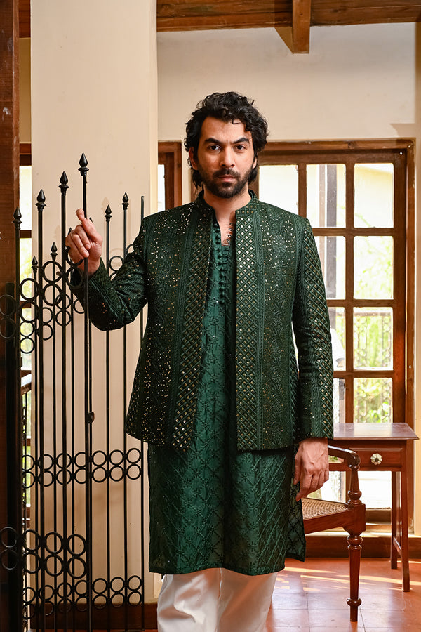 HK Fashion - Raw Silk 1 Piece Emerald Green Embroidered Front Open Wedding Coat