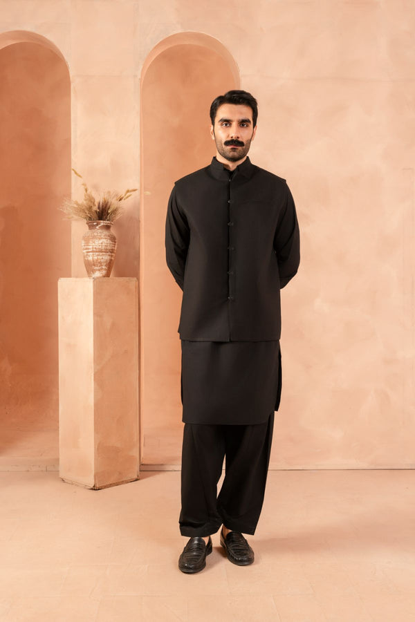 SARKHAIL - STITCHED MEN'S PAKISTANI RAVEN BLACK KAMEEZ TROUSER WITH BLENDED WAISTCOAT