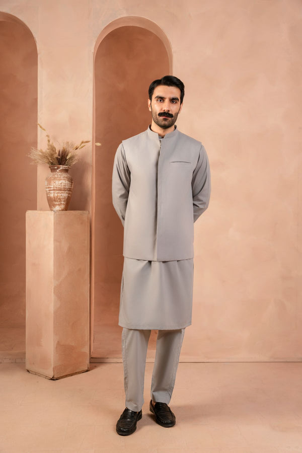 SARKHAIL - STITCHED MEN'S PAKISTANI GREY STEEL GREY KAMEEZ TROUSER WITH BLENDED WAISTCOAT