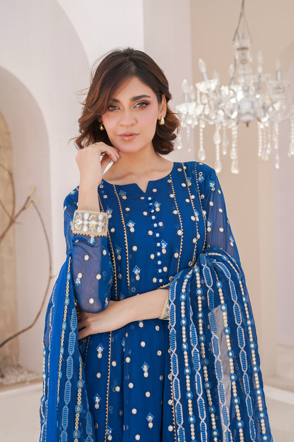Ayesha Closet  - Sundus 3Pcs Pret Chiffon Embroidered Blue