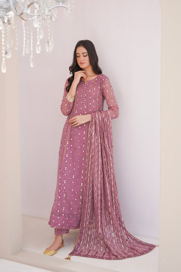 Ayesha Closet  - Sundus 3Pcs Pret Chiffon Embroidered Lavender