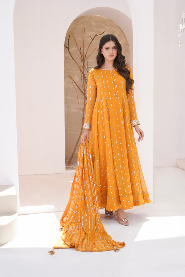 Ayesha Closet  - Sundus 3Pcs Pret Chiffon Embroidered Mustard