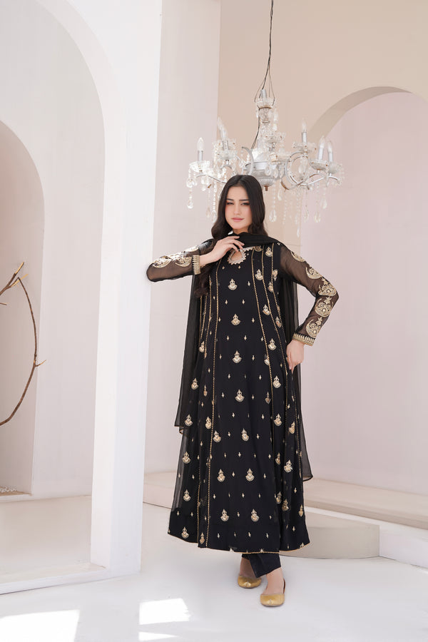 Ayesha Closet  - Surtaal 3Pcs Pret Chiffon Embroidered Black