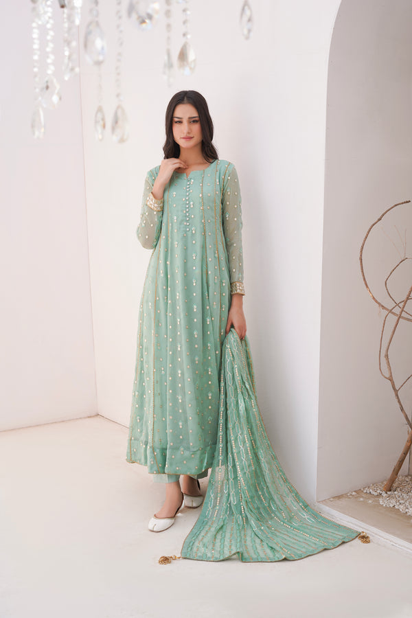 Ayesha Closet  - Sundus 3Pcs Pret Chiffon Embroidered Pastel Green