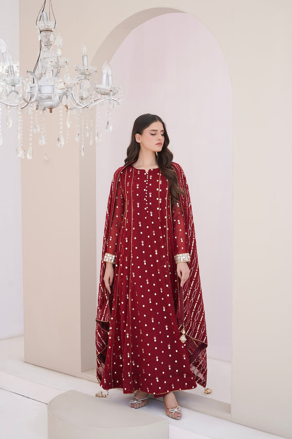 Ayesha Closet  - Sundus 3Pcs Pret Chiffon Embroidered Maroon