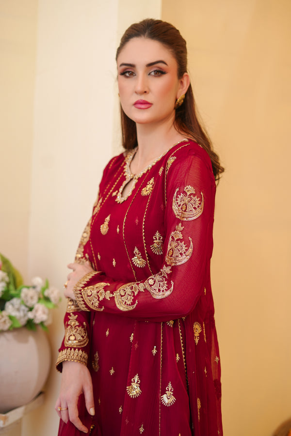 Ayesha Closet  - Surtaal 3Pcs Pret Chiffon Embroidered Maroon
