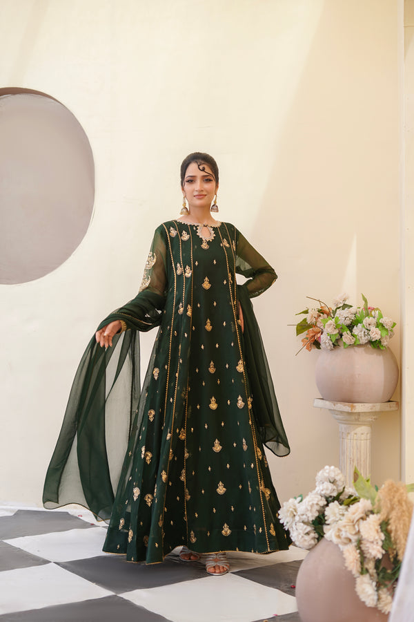 Ayesha Closet  - Surtaal 3Pcs Pret Chiffon Embroidered Bottle Green