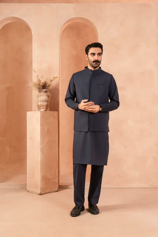 SARKHAIL - STITCHED MEN'S PAKISTANI TWILIGHT BLUE KAMEEZ TROUSER WITH BLENDED WAISTCOAT