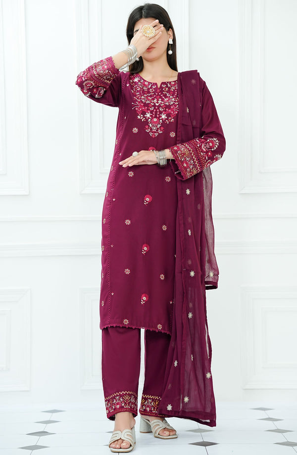Amna Khadija - Ensemble Luxury Embroidered 3 Piece Lawn Maroon D-01
