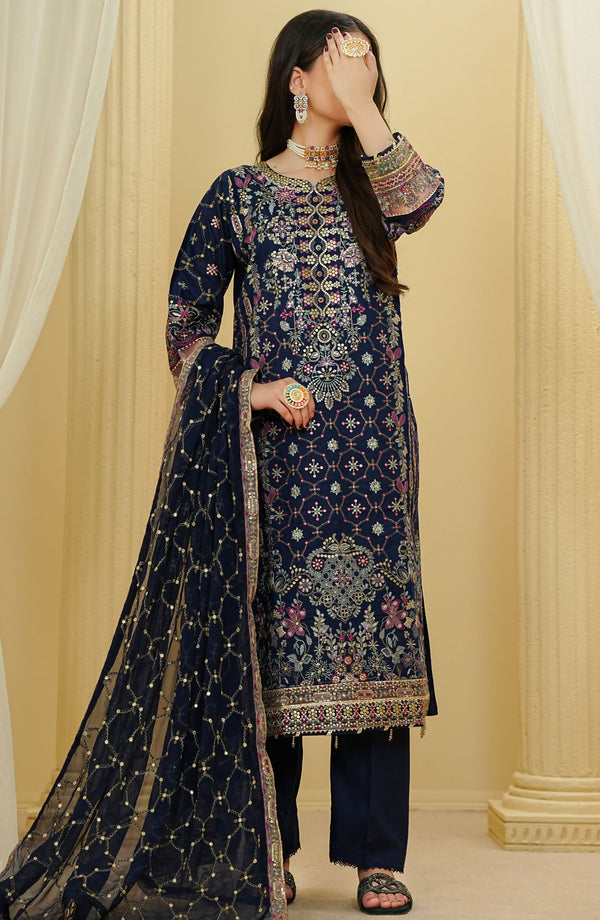 Amna Khadija - La fleur Cotton 3 Piece Dark Blue D-26