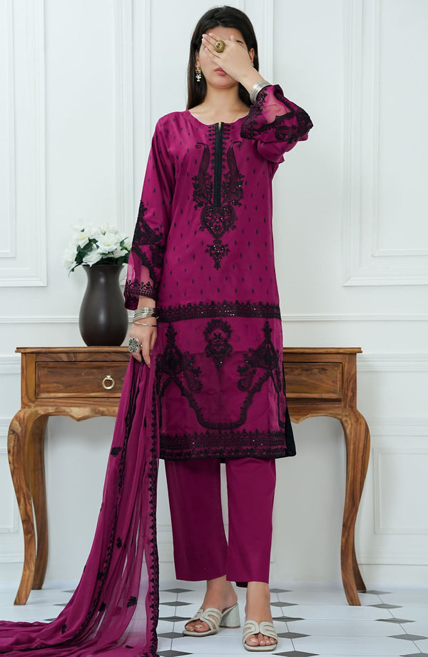 Amna Khadija - Amal Festive 3 Piece Lawn Dark Pink D-02