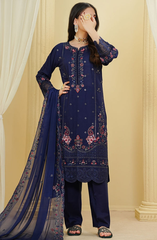 Amna Khadija - La fleur Cotton 3 Piece Navy Blue D-29