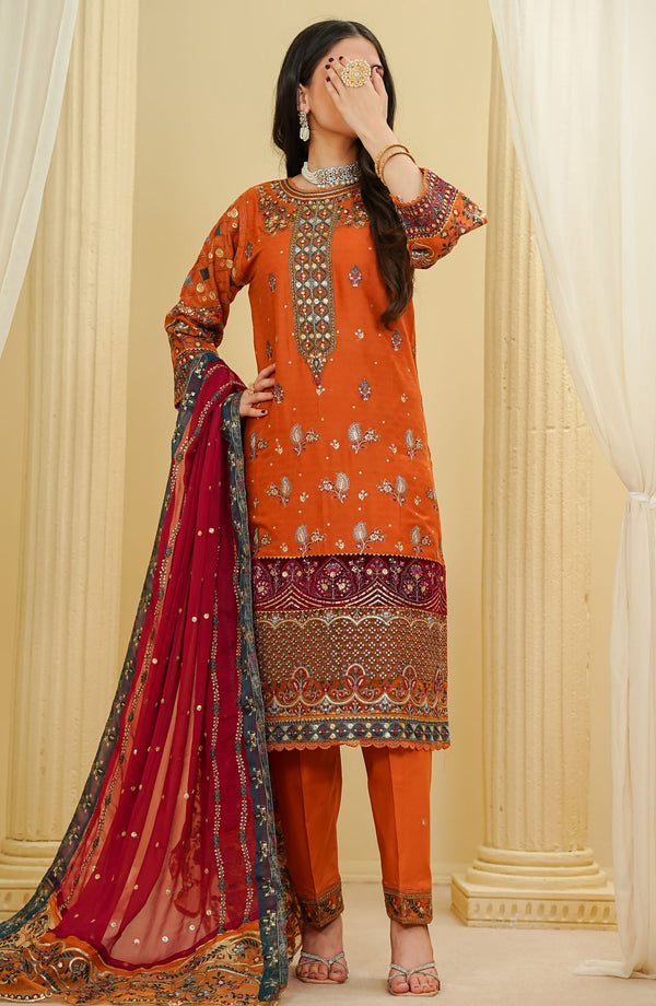 Amna Khadija - La fleur Cotton 3 Piece Orange D-32