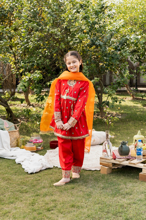 Al Qaswa - Girls Red Embroidered Eid Outfit – 3-Piece Kurti, Shalwar, and Dupatta Suit Set