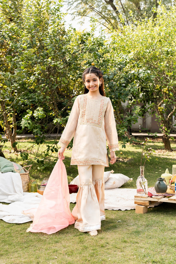 Al Qaswa - Girls Beige Embroidered Eid Outfit – 3-Piece Shirt, Sharara, and Dupatta Suit Set