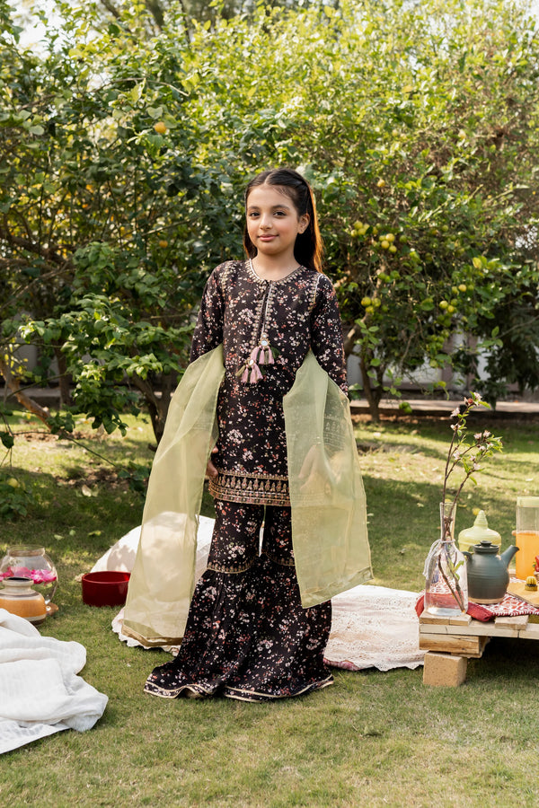 Al Qaswa - Girls Black Printed Embroidered Eid Outfit – 3-Piece Shirt, Sharara, and Dupatta Suit Set