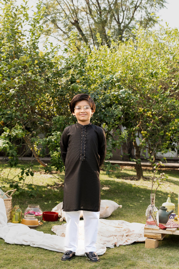 Al Qaswa - Boys Black  Embroidered Kurta – Ban Collar Outfit for Eid 2025
