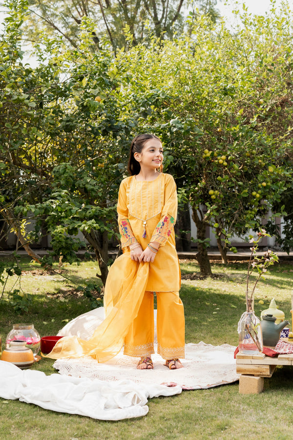 Al Qaswa - Girls Yellow Printed Embroidered Eid Outfit – 3-Piece Shirt, Trouser , and Dupatta Suit Set