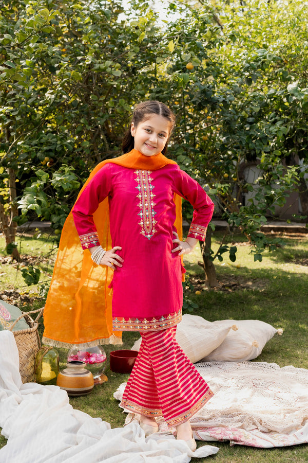 Al Qaswa - Girls Pink Embroidered Eid Outfit – 3-Piece Shirt, Trouser , and Dupatta Suit Set