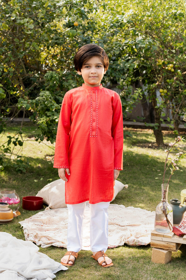 Al Qaswa - Boys Red  Embroidered Kurta – Ban Collar Outfit for Eid 2025