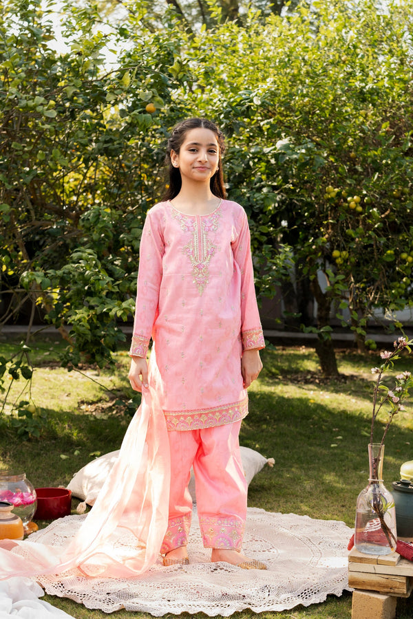 Al Qaswa - Girls Pink Embroidered Eid Outfit – 3-Piece Shirt, Shalwar , and Dupatta Suit Set