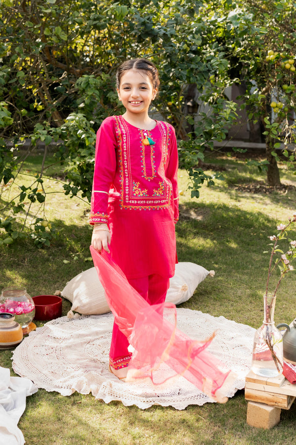 Al Qaswa - Girls Pink Embroidered Eid Outfit – 3-Piece Shirt, Trouser , and Dupatta Suit Set