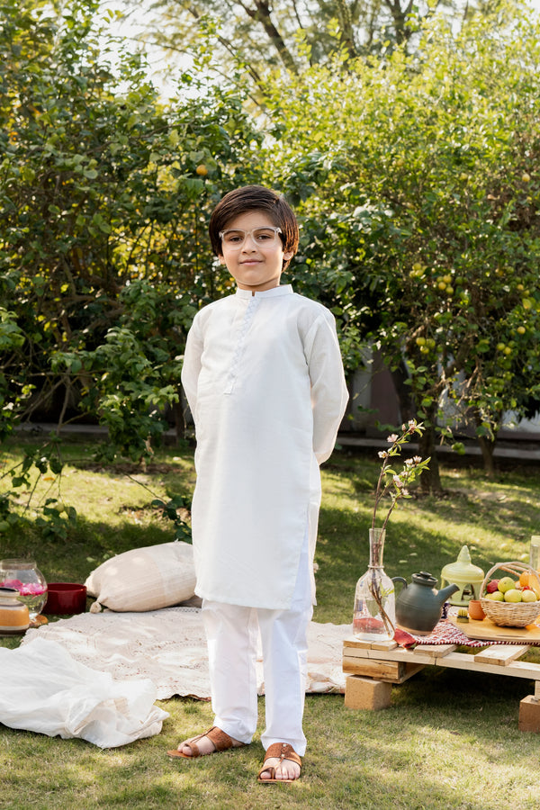 Al Qaswa - Boys White Embroidered Kurta – Ban Collar Outfit for Eid 2025