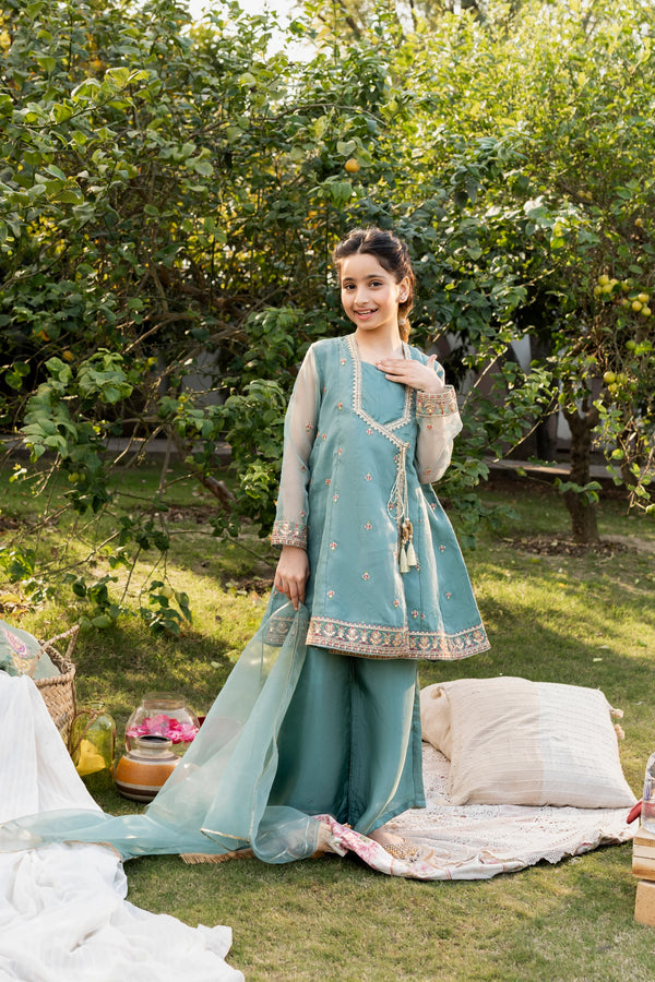 Al Qaswa - Girls Aqua Embroidered Eid Outfit – 3-Piece Shirt, Trouser , and Dupatta Suit Set