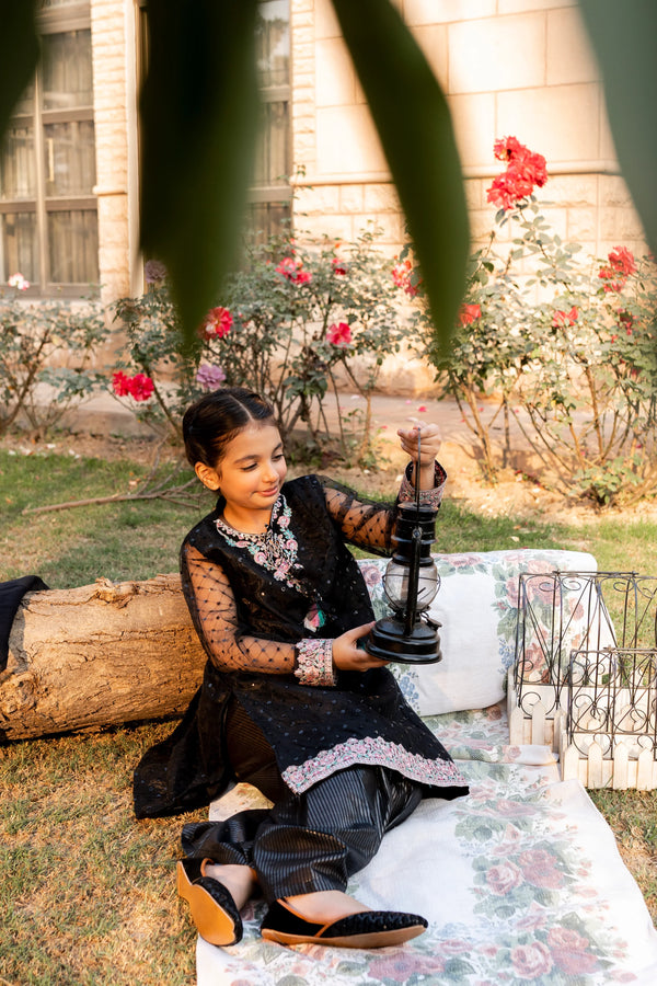 Al Qaswa - Girls Black Embroidered Eid Outfit – 3-Piece Shirt, Trouser , and Dupatta Suit Set