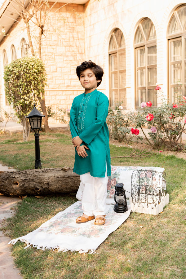 Al Qaswa - Boys Sea Green Embroidered Kurta – Ban Collar Outfit for Eid 2025