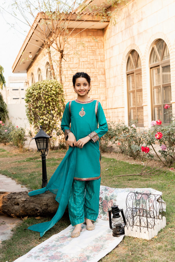 Al Qaswa - Girls Blue Embroidered Eid Outfit – 3-Piece Shirt, Trouser, and Dupatta Suit Set