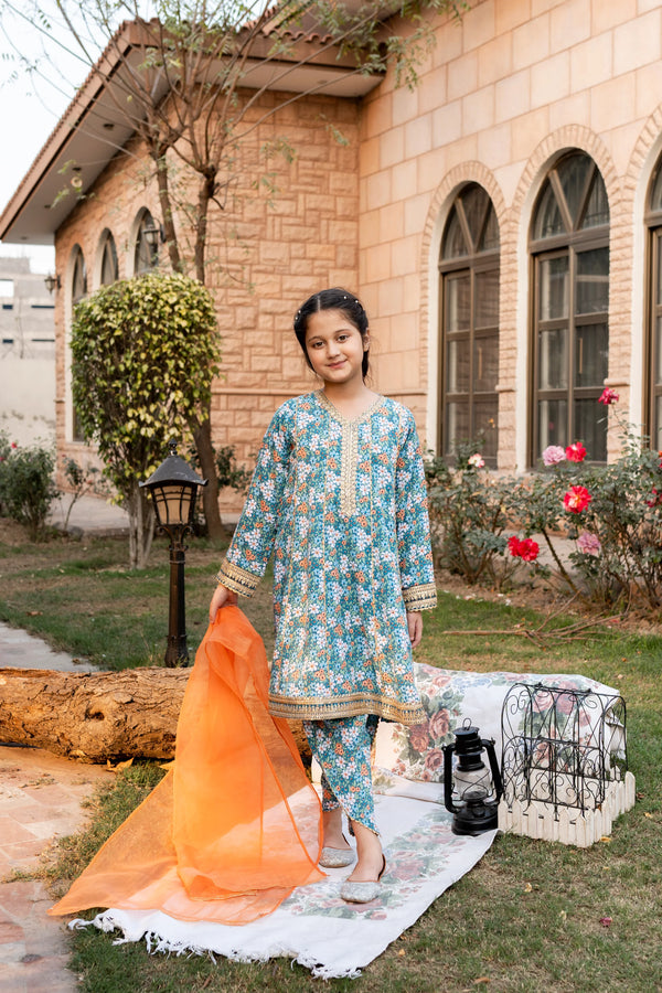 Al Qaswa - Girls Blue Printed Embroidered Eid Outfit – 3-Piece Shirt, Shalwar , and Dupatta Suit Set