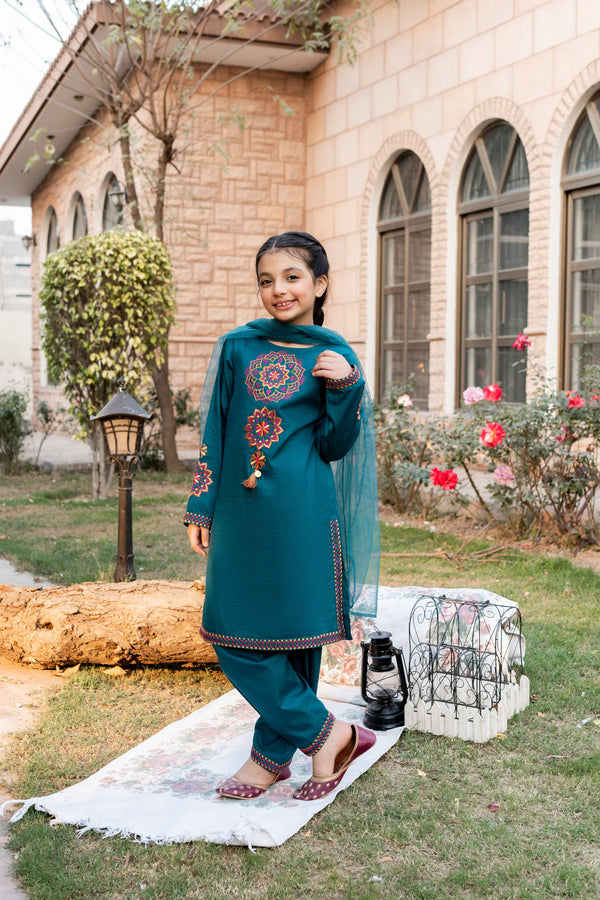 Al Qaswa - Girls Sea Green Embroidered Eid Outfit – 3-Piece Shirt, Trouser , and Dupatta Suit Set