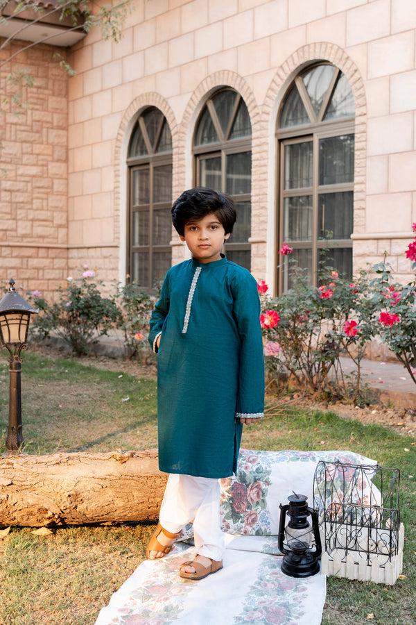 Al Qaswa - Boys Sea Green Embroidered Kurta – Ban Collar Outfit for Eid 2025