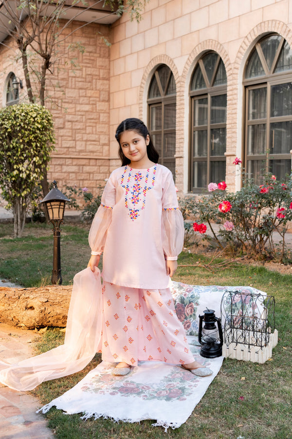 Al Qaswa - Girls Pink Embroidered Eid Outfit – 3-Piece Shirt, Sharara, and Dupatta Suit Set