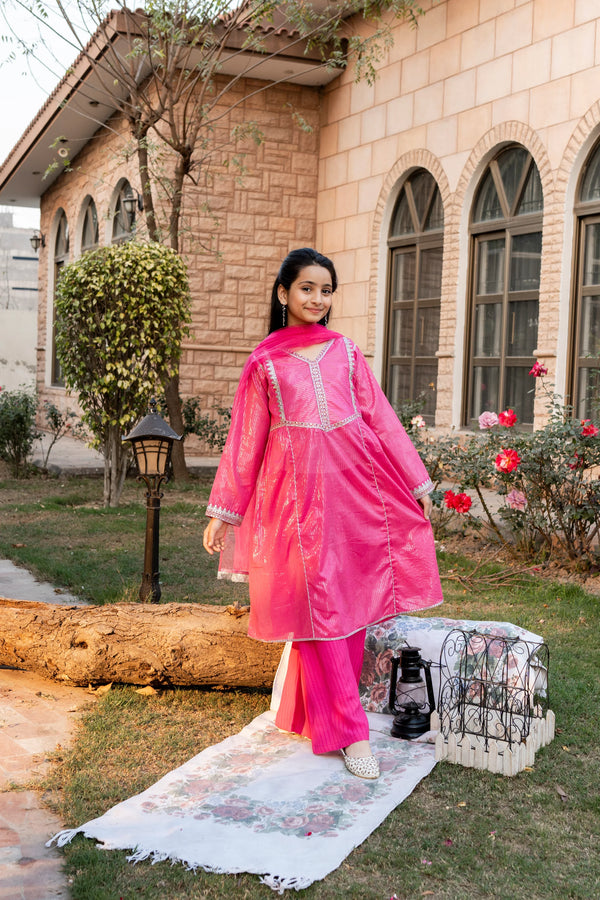 Al Qaswa - Girls Pink Embroidered Eid Outfit – 3-Piece Shirt, Trouser, and Dupatta Suit Set
