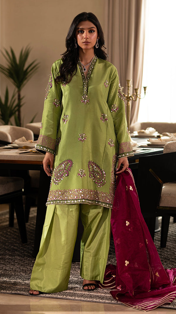Zeemal Bhatti - Peridot Stitched Formal Tussel Silk