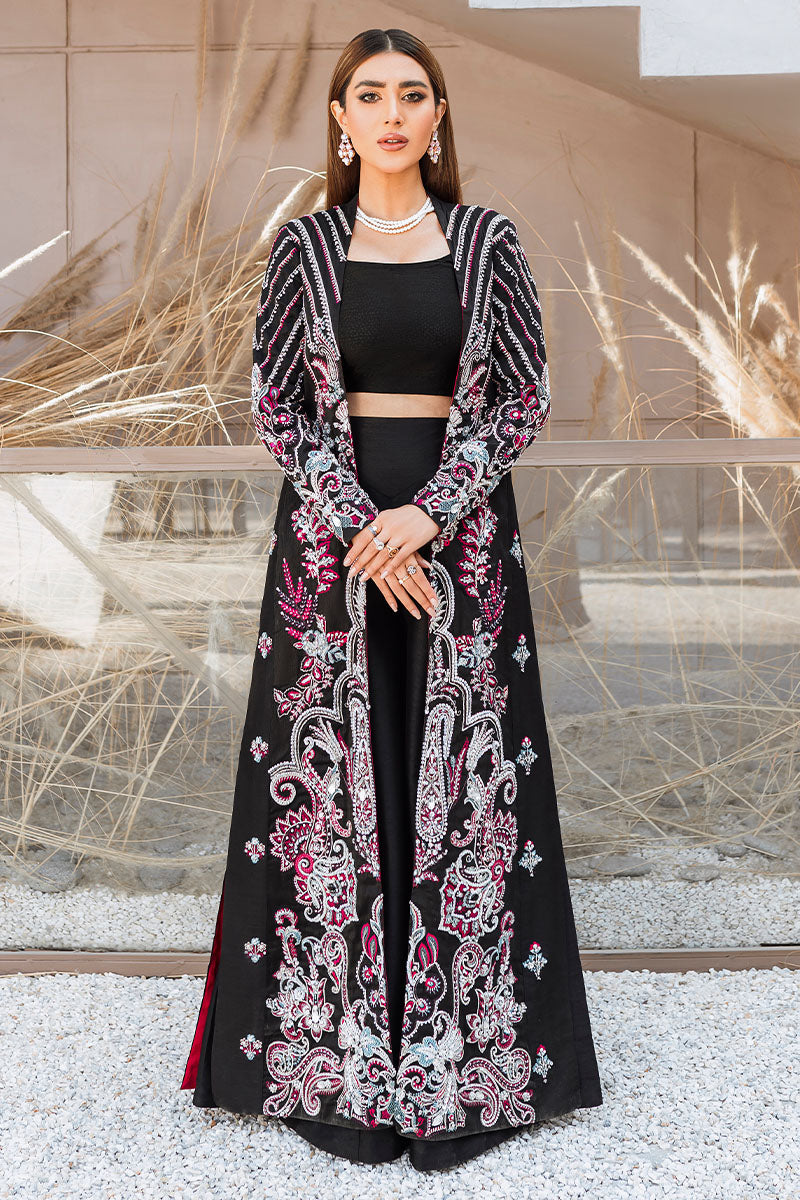 Malook - Zareesh 3 PC Stitched Black Raw Silk Ethinc Wear Dress