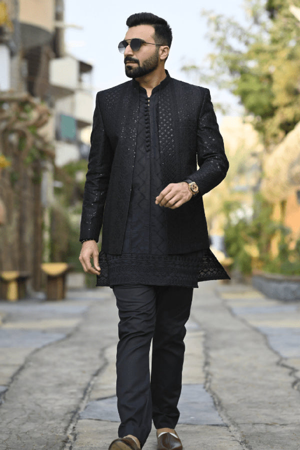HK Fashion - Raw Silk 1 Piece Black Embroidered Front Open Princecoat For Wedding